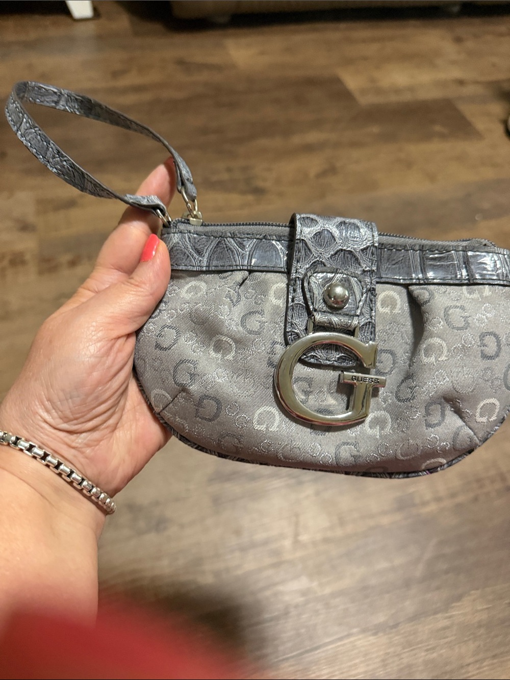 GUESS Silver Gray Logo Wristlet Clutch with G Hardware